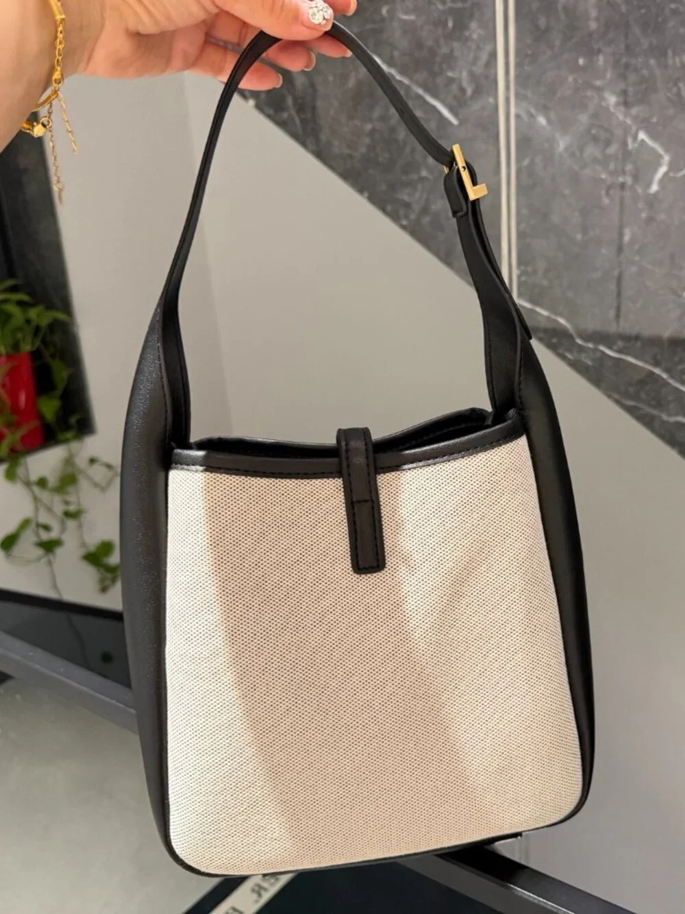 Saint Laurent Two-Tone Canvas Black Leather Hobo Bucket Bag